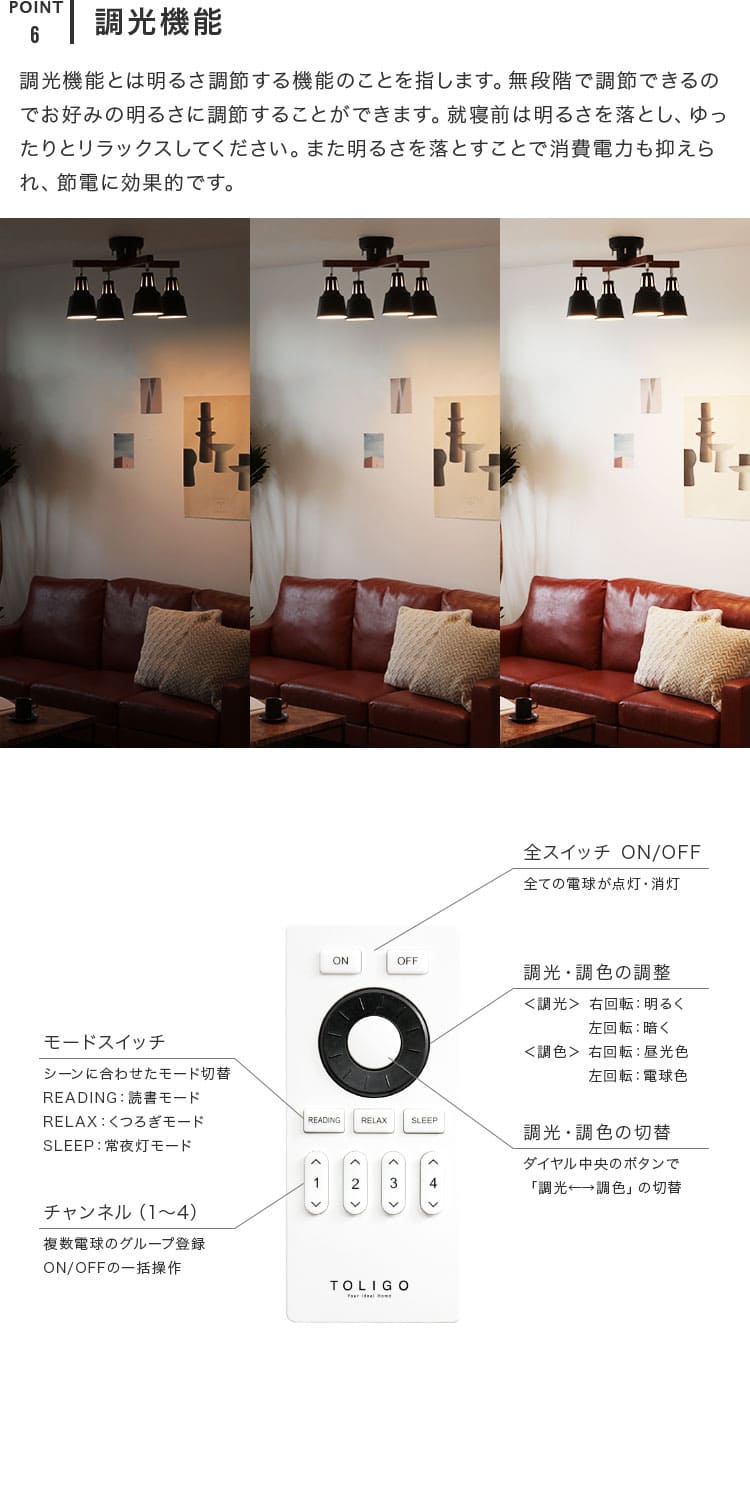 シーリングライト 4灯 ライトリーカイ TOLIGO電球+リモコンセット