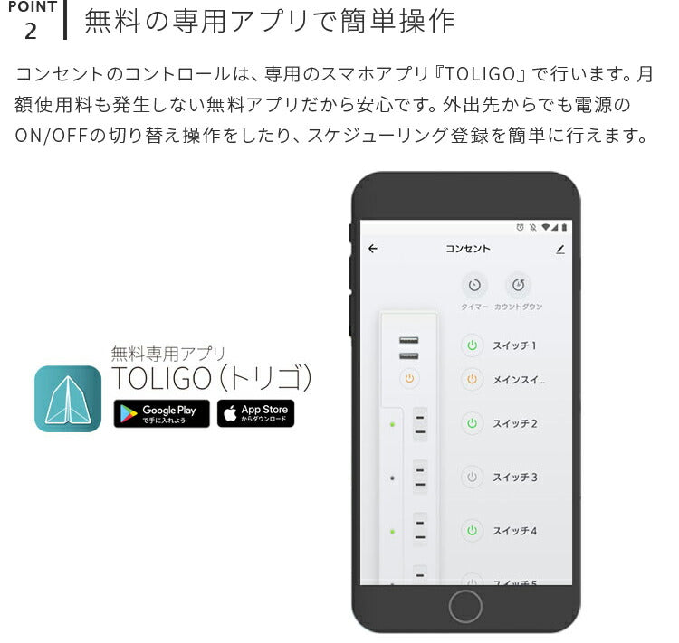 TOLIGO 4口コンセントUSB2口付き