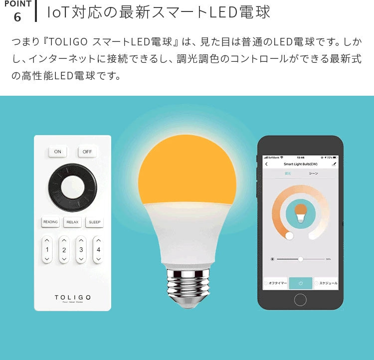 調光調色LED電球 TOLIGO 2.4G+wifi E26 ■6球セット